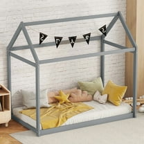 Bellemave Twin Floor Bed, Wood  Montessori House Bed with Rails, Twin Size Bed Frame with Roof, No Box Spring Needed (Gray)