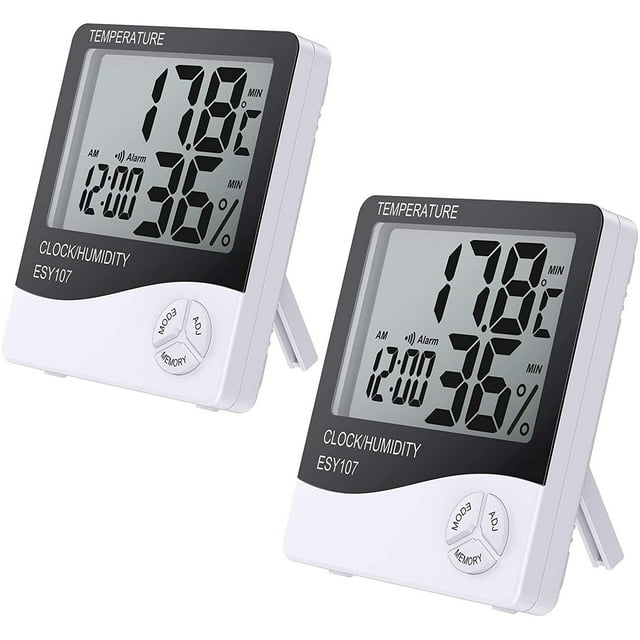 Higrómetro de temperatura digital LCD interior de 2 piezas con pantalla LCD medidor de temperatura medidor de humedad y tiempo del sistema 12 horas/24 horas con alarma Namotu MZQ-0900-1