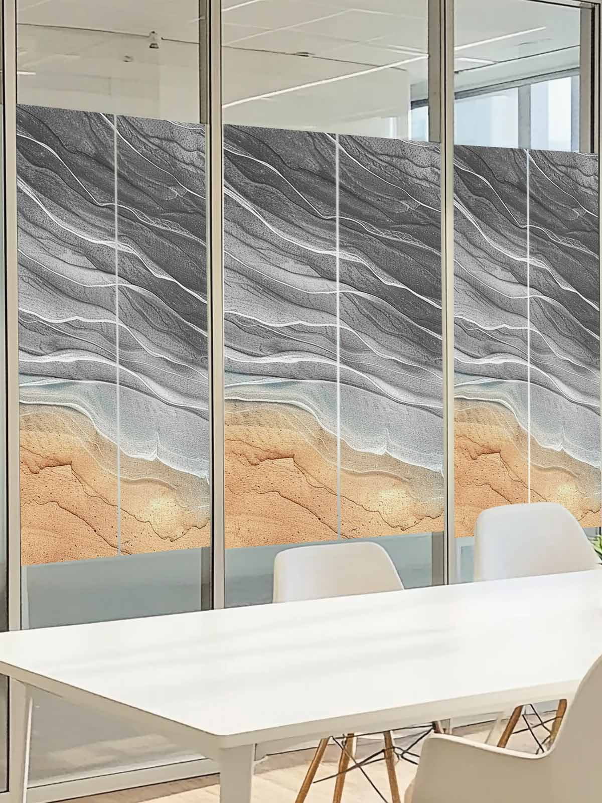Abstract Grey Window Privacy Film, Ocean Beach Waves Lines Gradient Frosted Glass Window Clings Static Cling UV Heat Blocking Reusable Door Sticker for Bathroom 23.6 x 59 Inch