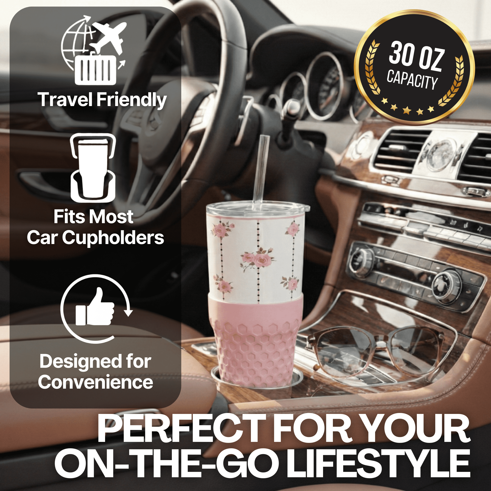 Biddlebee 30oz Insulated Stainless Steel Tumbler with Straw and Silicone Boot, Pink Roses