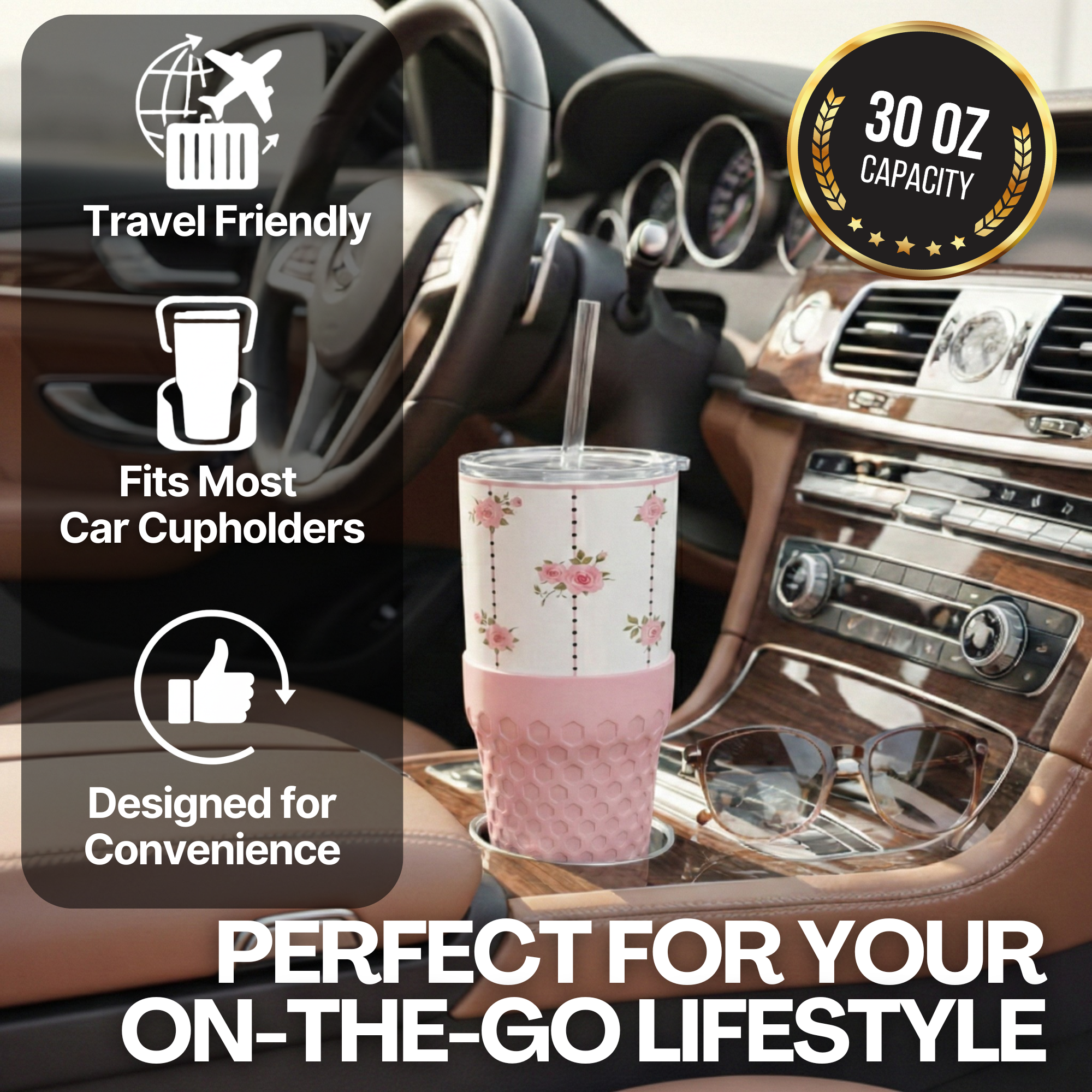 Biddlebee 30oz Insulated Tumbler with Straw and Silicone Boot, Pink Roses photo 5