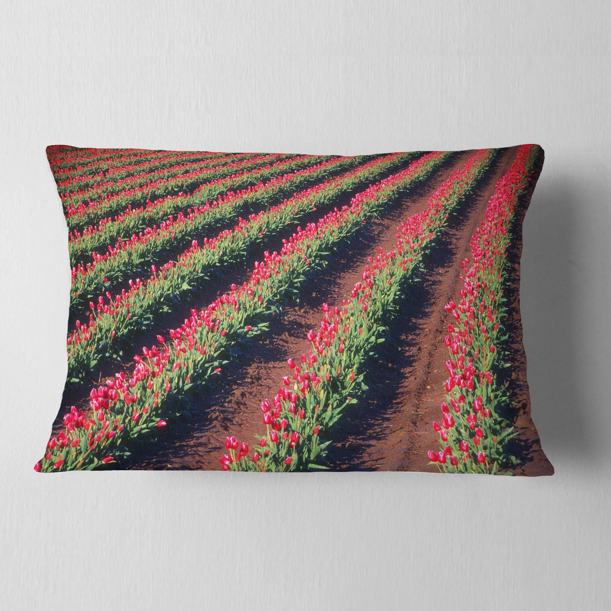 Designart Beautiful Field of Red Tulip Flowers - Landscape Printed Throw Pillow - 12x20