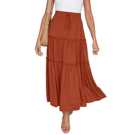 

NECHOLOGY Mini Skirt Women s Summer Elastic High Waist Boho Maxi Skirt Casual Drawstring A Line Long Maternity Skirts for Women Skirt Orange Medium