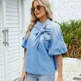 thumbnail image 5 of Women'S Tie Button Up Mock Neck Jean Shirt Fashion Elastic Puff Sleeves Loose Fit Cropped Denim Tops Light Blue M, 5 of 9