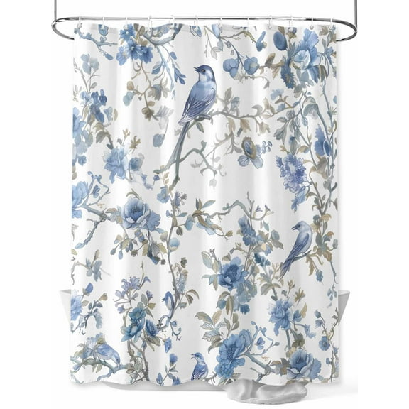 Shower Curtain Blue Floral Shower Curtains for Bathroom, Waterproof Polyester Shower Curtain Set with Hooks, Extra Long 72" x 78" Bird Flower