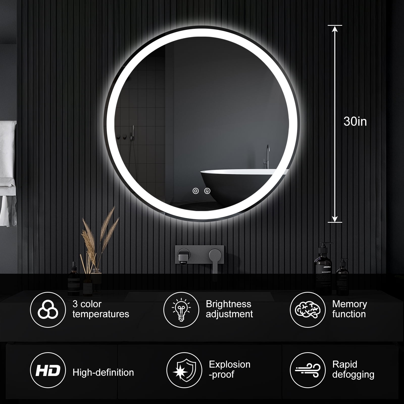 CONCETTA 30-Inch Anti-Fog Led Bathroom Mirror, Dual Light Sources, Three Lighting Modes, White
