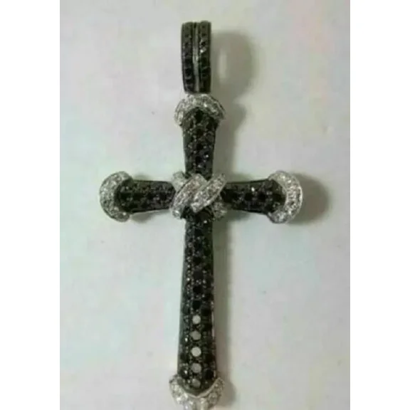 3Ct Round Cut Black Diamond Cross Pendant 14K White Gold Over