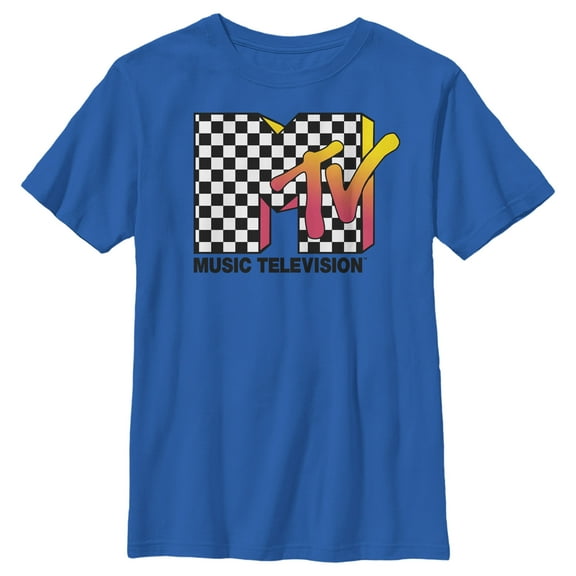 Boy's MTV Checkered Fade Logo Graphic Tee Royal Blue Large