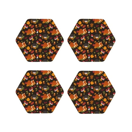 

Junzan Autumn Hedgehog and Fox Cute Print Coasters for Drinks - Leather Coasters Set of 4 for Coffee Table for Housewarming/Kitchen/Bar/Decor-Hexagon