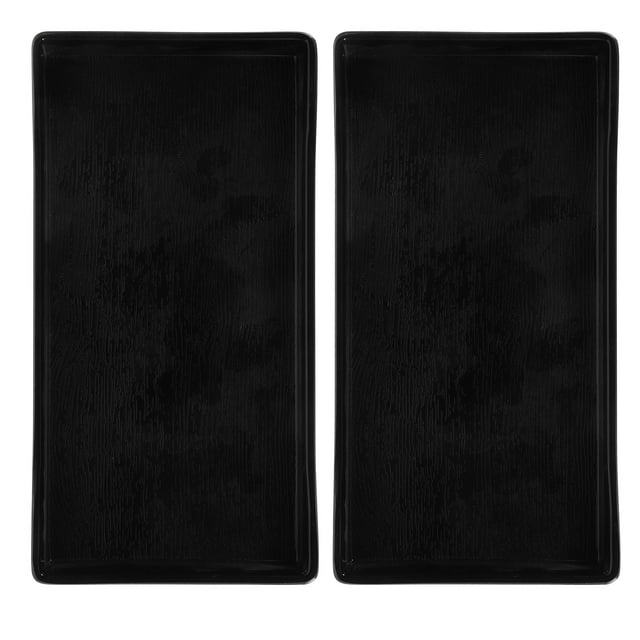 bandeja rectangular para tazas, bandeja multifuncional para servir comida, mesa, fruta, pastel, taza de agua, 2 uds. Par de bandejas rectangulares negras frontales con textura imitación madera y borde elevado; ABS, medidas aprox. 20.5 x 10.6 x 2.1 cm; ideales para servir tazas, postres o frutas en mesa.