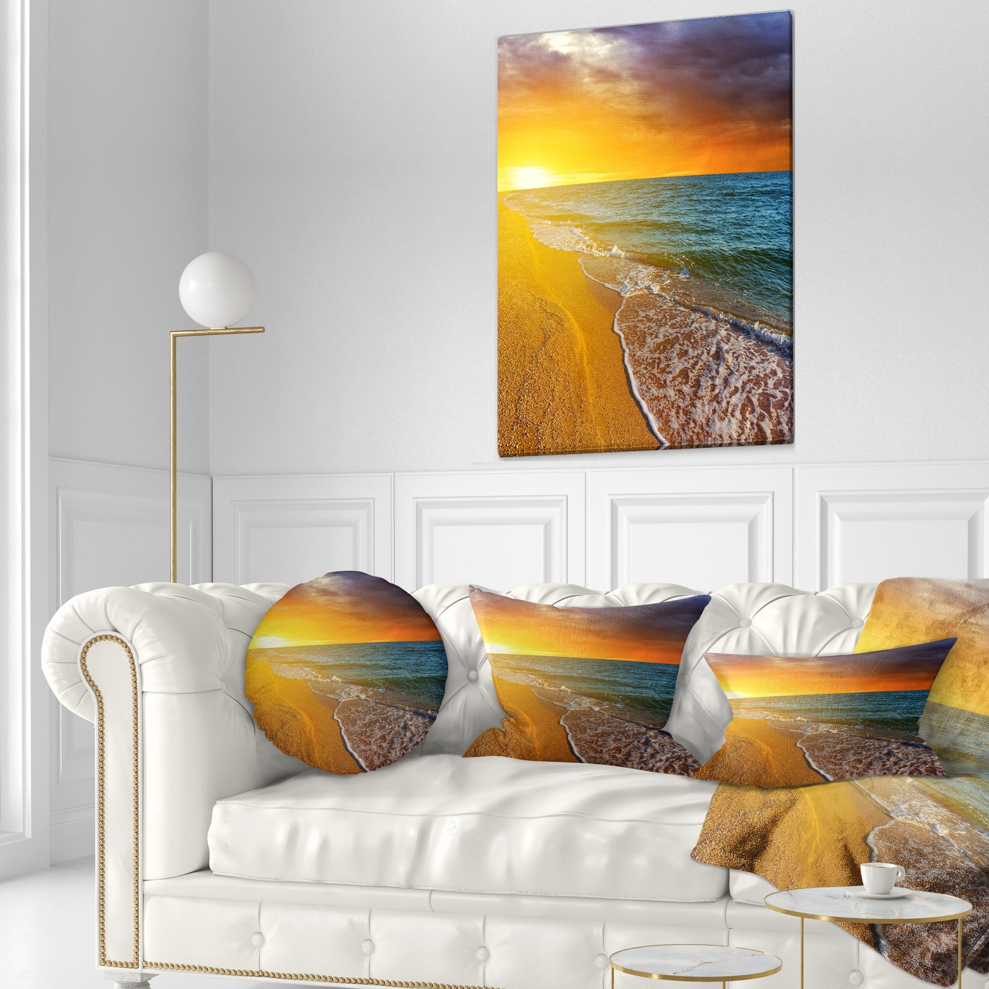 Designart Fantastic Yellow Sky in Blue Beach - Seashore Throw Pillow - 12x20