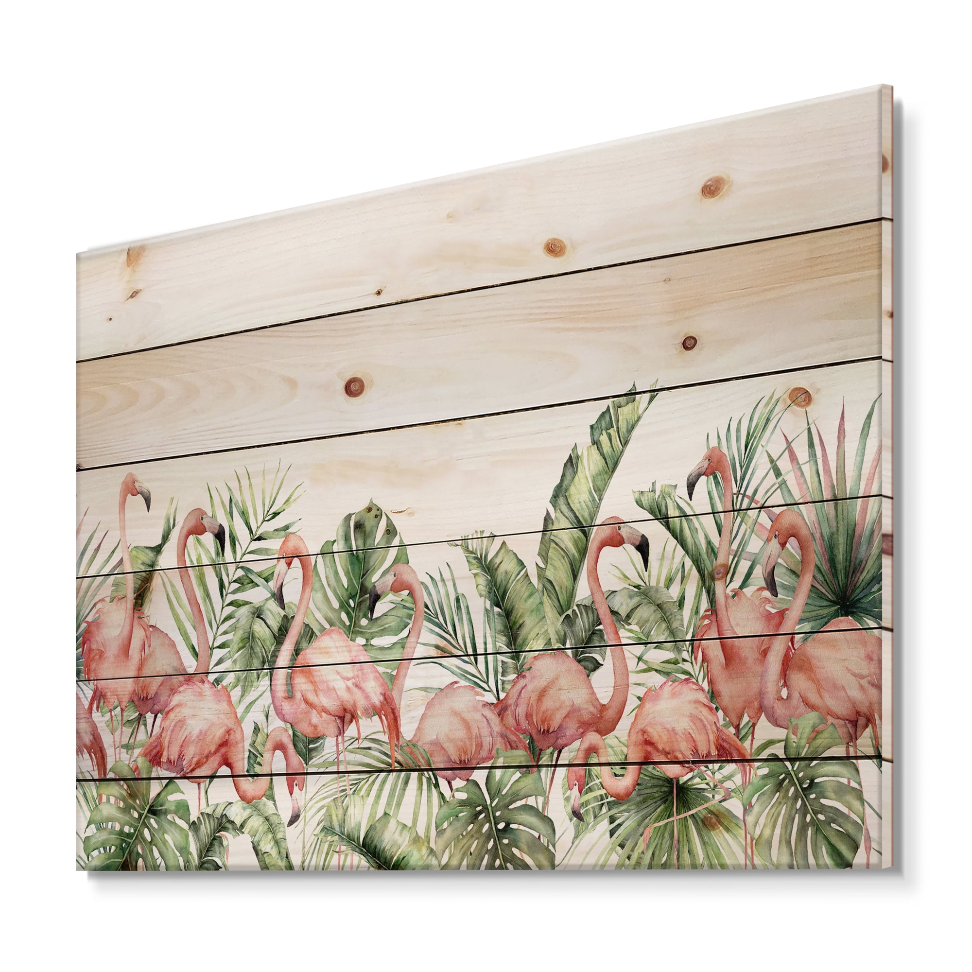 Designart 'Palm Leaves and Pink Flamingos Tropical Birds' Traditional Print on Natural Pine Wood