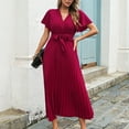 thumbnail image 5 of QLEICOM Women Short Sleeve Vintage Dress Summer Casual Swing Long Dresses Daily Party Beach Dress Boho Printed V-Neck Flowy Maxi Dress Beach Sundress with Belt Red M, 5 of 6