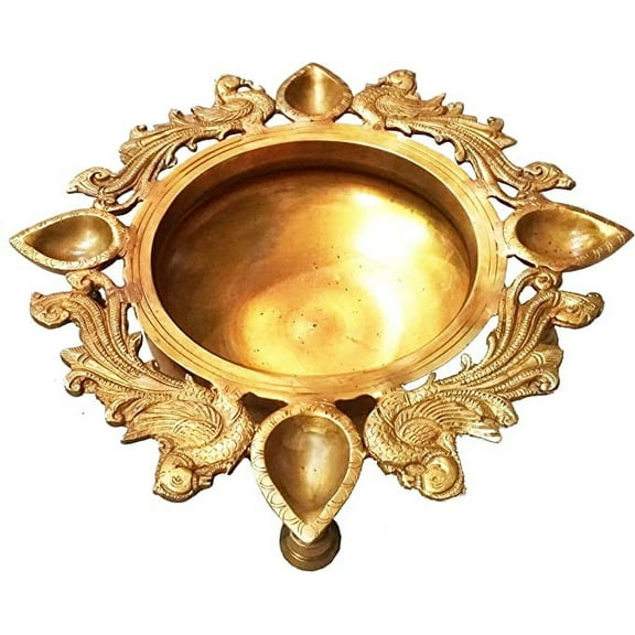 Purpledip Brass Urli: Ethnic Oil Lamp & Bells Designer Bowl in Peacock Design (11559)