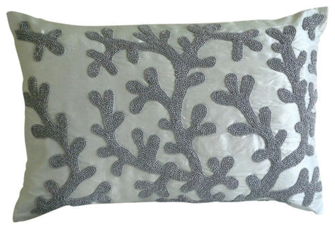 White Lumbar Pillow Cover, 12x26 inch (30x65 cm) Lumbar Pillow Cover, Coral Design Sea Creatures