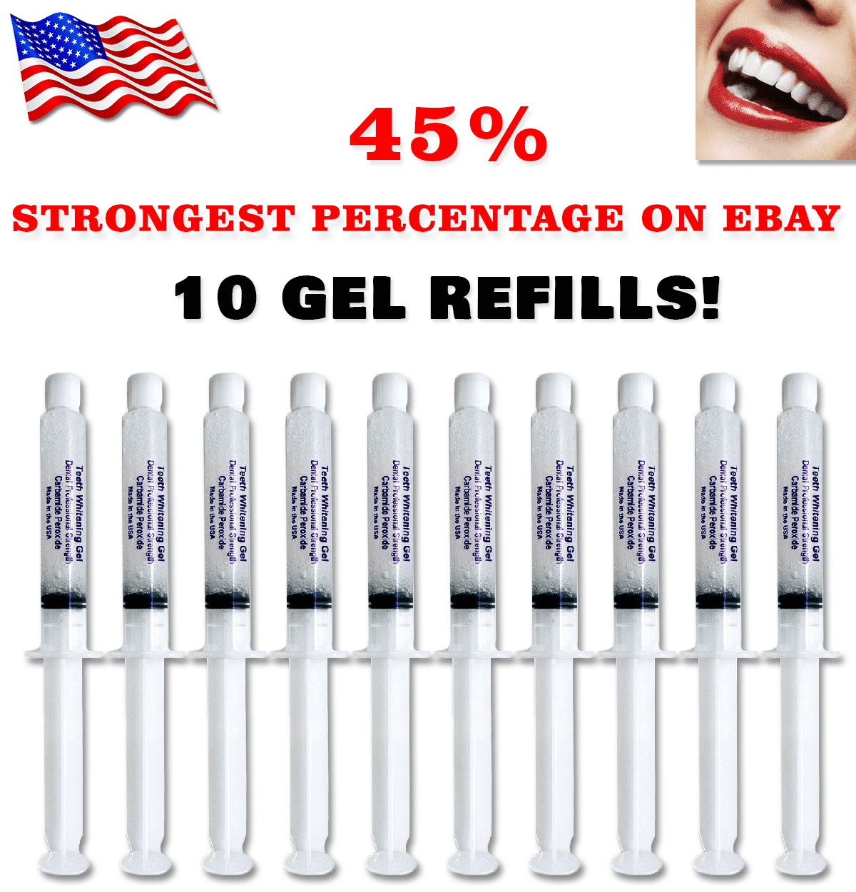 45 PEROXIDE GEL TEETH WHITENING TOOTH WHITENER BLEACH 10 SYRINGES DENTAL REFILL