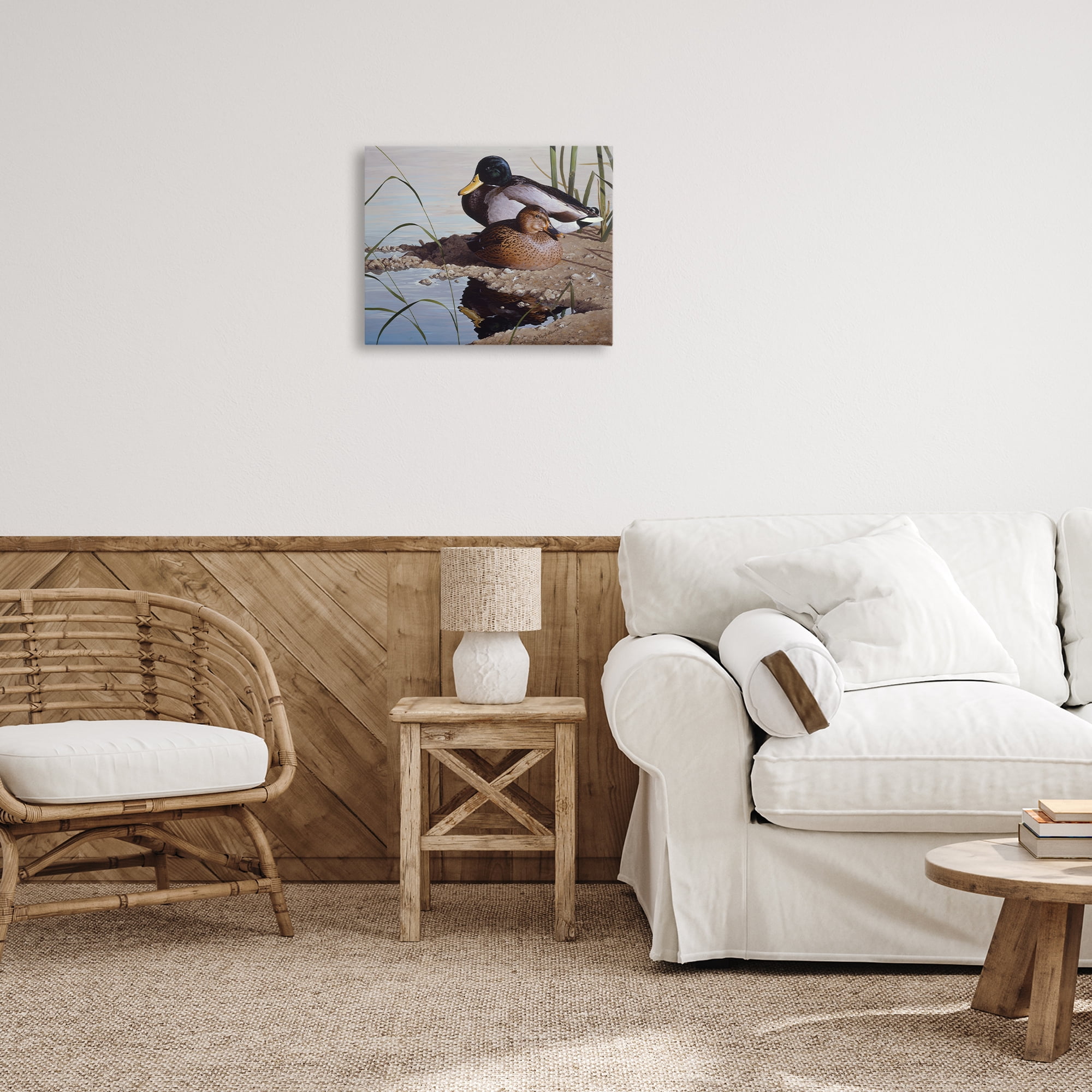 Stupell Industries Two Ducks Water's Edge Animals Painting Wrapped Canvas Art Print Wall Art, 20 x 16
