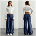 thumbnail image 6 of CPNG Girls' Corduroy Wide Leg Pants High Waisted Button Front Zipper Loose Wide Leg Casual Sweat Pants with Side Pockets(Dark Blue,11-12 Years), 6 of 9
