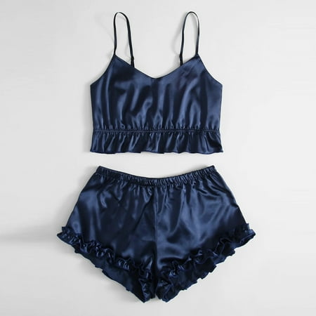 

nsendm Underwear Sexy Lingerie Silk Satin Pajamas Folded Sleepwear Underwear Lace Lingerie with Push up Bra Underwear Blue Large