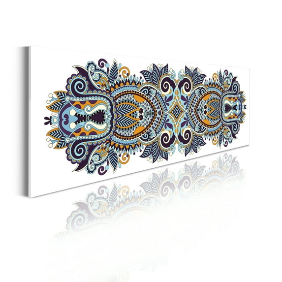 Folkloric Acrylic Glass Wall Art, Ethnic Concept Pattern Flourish Leafy Swirls and Botanical Details, Panoramic Decor Living Room Bedroom & Dorms, 47" x 16", Aqua Dark Purple Orange, by Ambesonne
