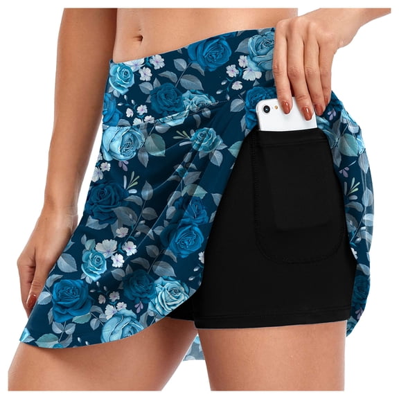 Leggings for Women Tummy Control Skorts Skirts Elastic Sports With Pockets Shorts Yoga Pants,Blue,L