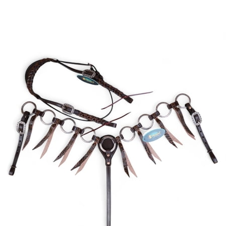 MOUSM Ring Headstall & Breast Collar Tack Set - Brown Leather with Engraved Antique Nickel Rings Metallic Leopard Fringe Braided Browband & Cheekpiece