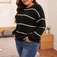thumbnail image 5 of Plus Size Striped Sweaters Women Loose Fit Warm Knit Crewneck Pullover L-3XL Fall Winter Casual Jumper Tops, Black 2XL, 5 of 8