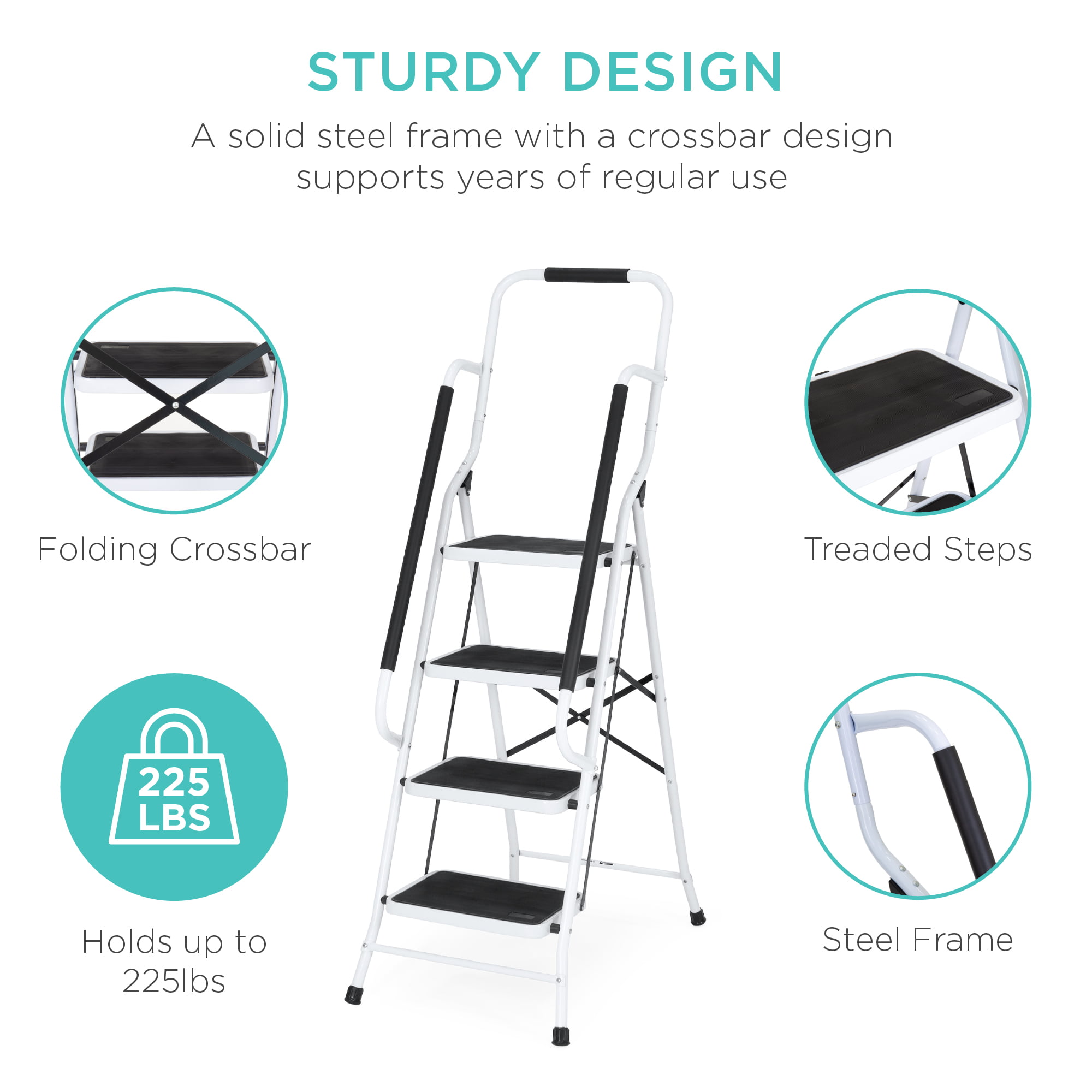 Best Choice Products 4-Step Portable Folding Anti-Slip Steel Ladder w/ Handrails, Attachable Tool Bag - 1