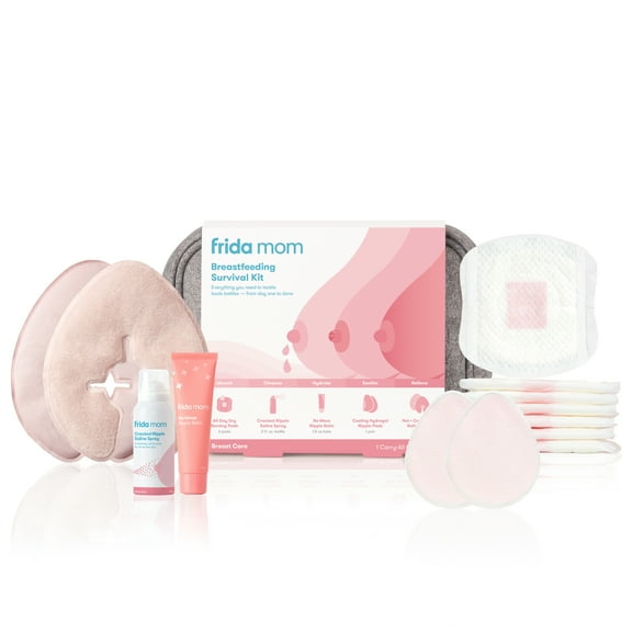 Frida Mom Breastfeeding Survival Kit with Reusable Heat or Cold Breast Packs, Hydrogel Nipple Pads, Nipple Balm, Saline Spray, and Nursing Pads, Lactation Relief Treatment, 13 Piece