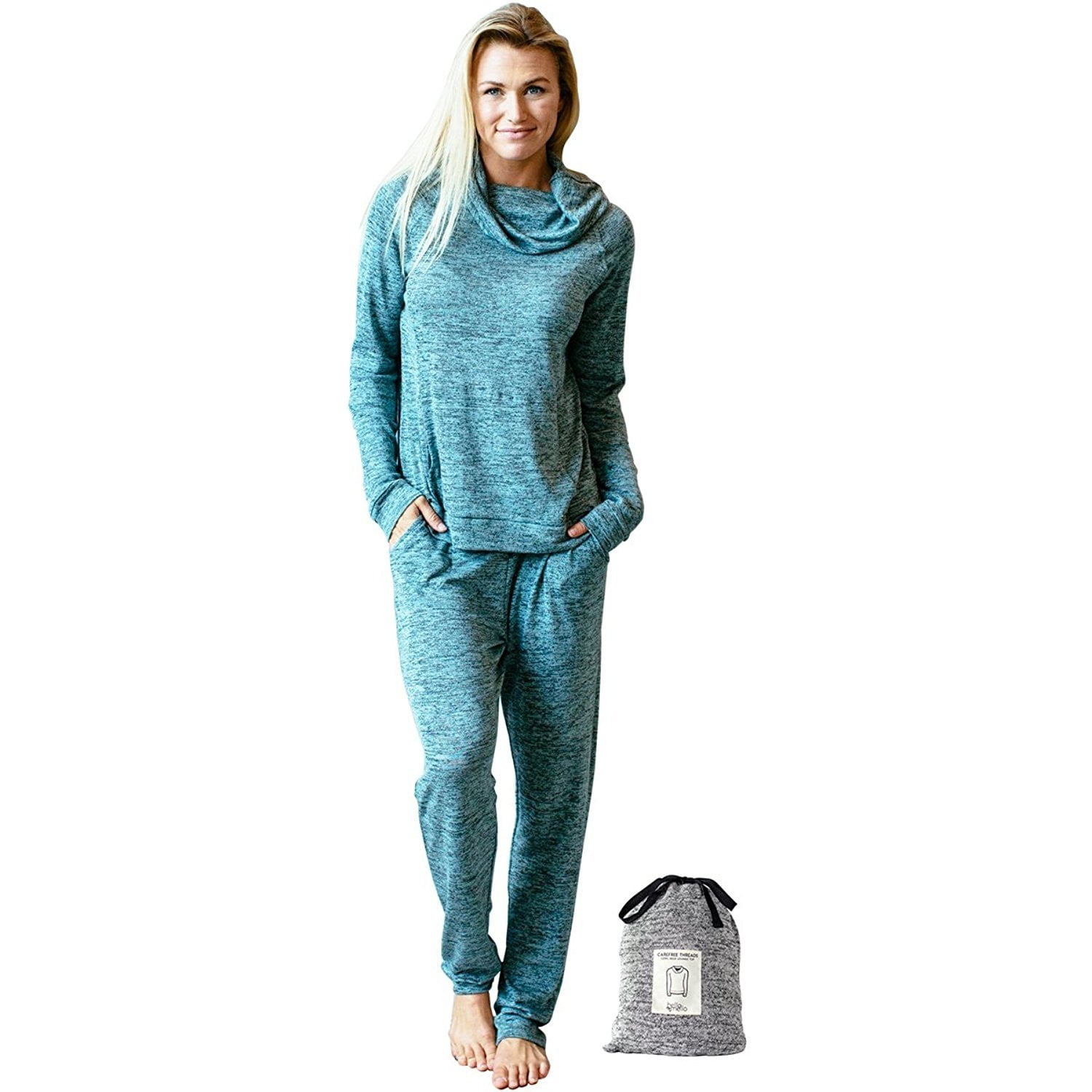Hello Mello Carefree Threads Womens Loungewear Top with Pocket and Cowl Neck Matching Drawstring Bag