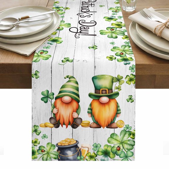 St. Patrick's Day Table Runner - 36 Inch Long, Kitchen Dining Table Runner Dresser Scarves, Green Gnomes Lucky Shamrocks Grey Farm Wooden Farmhouse Decor for Coffee Tables Wedding Party Banquet