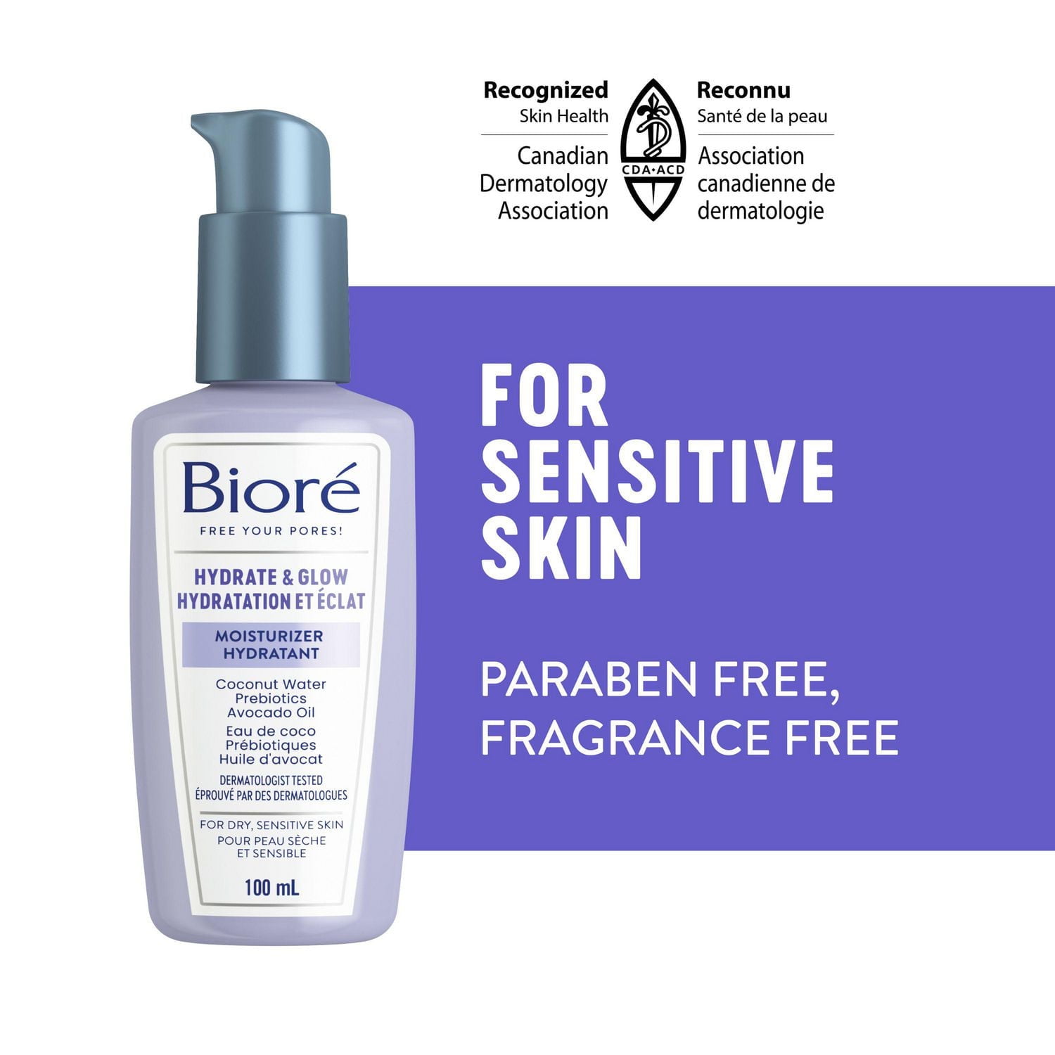 Bioré Hydratant Hydratation et éclat de Bioré, avec eau de coco + prébiotiques + huile d’avocat, hydratant pour peau sèche et sensible