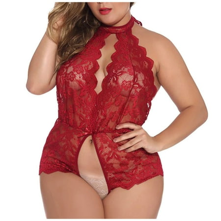 

XHJUN Women Sexy Lace Lingerie Open Crotch Set One Piece Teddy Babydoll Underwear Sheer Bodysuit Chemise With Halter Set