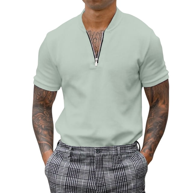 Camisas Para Hombre Slim Fit Camisa informal de manga corta con cuello levantado y cremallera sólida para hombre (Grey, XXL)