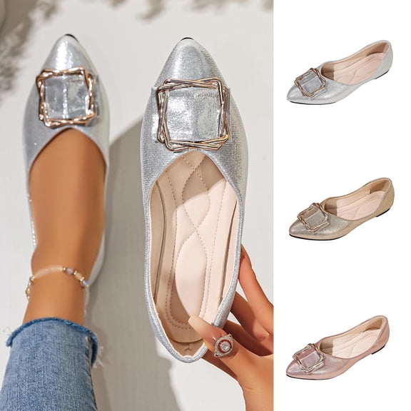 Miluxas Women's Flats, Foldable Ballet Flats for Women, Fashion Buckle Pionted Toe Comfort Light Weight Slip-On Dress Shoes Silver 9.5(43)
