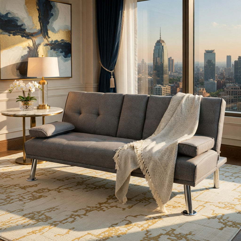 Demi Bonn Fold Sofa Bed Couch, Futon Sleeper Chair Guest Bed and Fold Out Couch, Convertible Folding Futon Sofa Bed Fabric with 2 Cup Holders, for Living Room, Bedroom, Light Gray