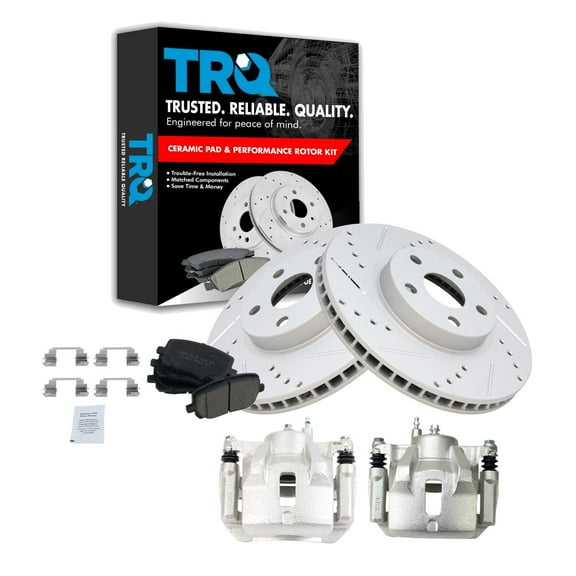 TRQ Front Performance Brake Pad & Rotor Kit Brake Caliper Brake Pads Brake Rotors Set Ceramic Premium G-Coated Fits Select 2003-2008 Pontiac Vibe Toyota Corolla Matrix