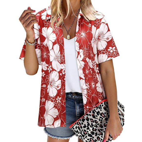NFTOEIULA Women Hawaiian Floral Print Oversized Short Sleeve Shirt T-shirt