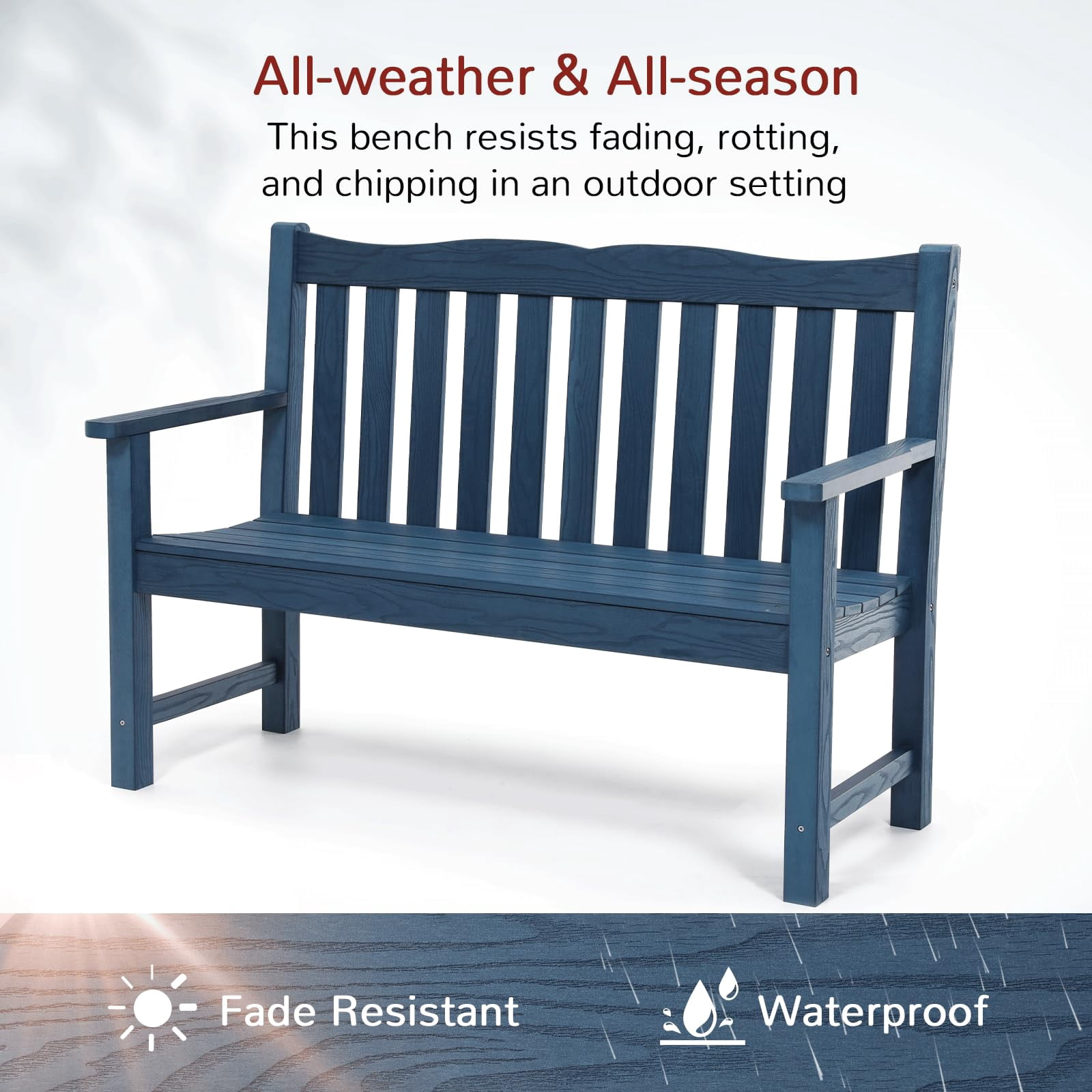 Stoog Two Person Outdoor Garden Bench with Armrest, Loveseat Porch Chair with 800 lbs Capacity, HIPS All-Weather for Patio Porch Backyard Park, Blue
