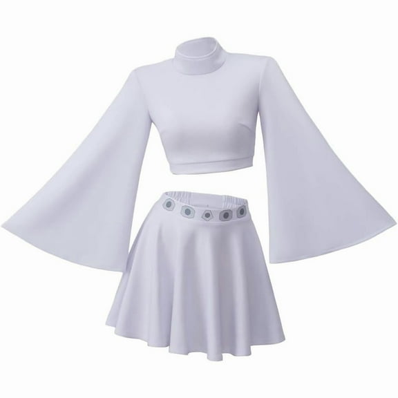Womens Princess Leia Style White Crop Top Skirt Set Elegant Outfit