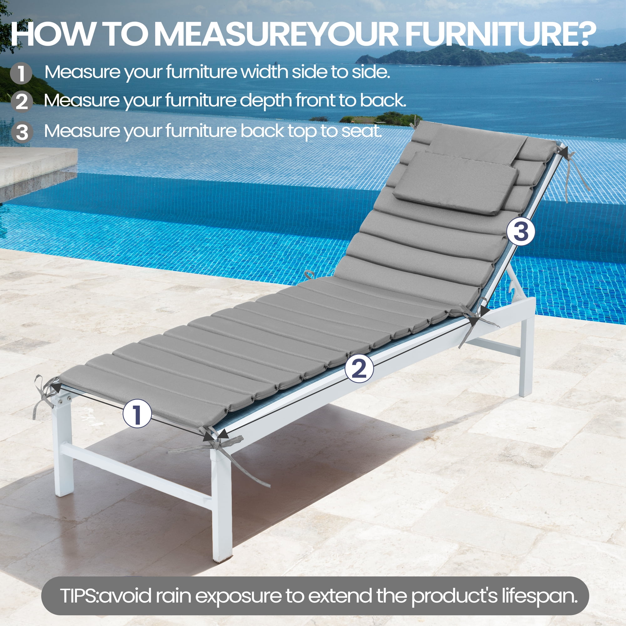 Pellebant Outdoor Set of 2 Chaise Lounge Cushions with Headrest for Patio Furniture,71"L x 23"W x 1"T Light Gray