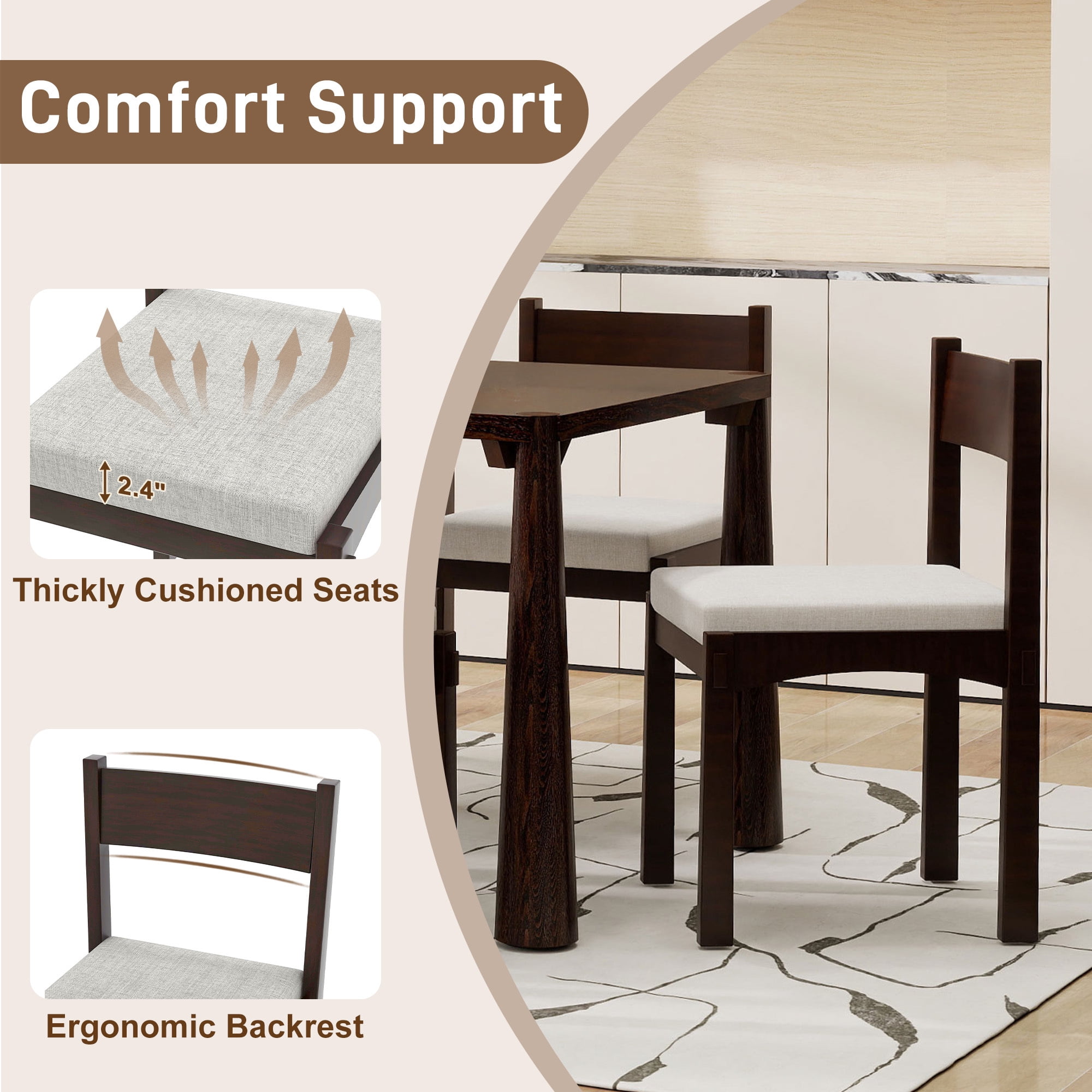 Euroco 7-Piece Farmhouse Dining Table Set with 6 Chairs,59.8" Kitchen Table & Chairs Set with Solid Wood Frame for 6,Perfect for Small Space,Espresso
