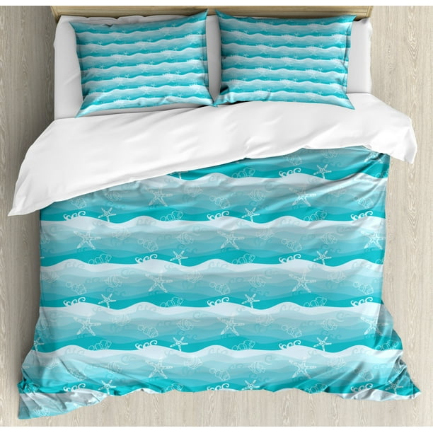 Nautical Duvet Cover Set Queen Size, Outline Starfish and Fishes on