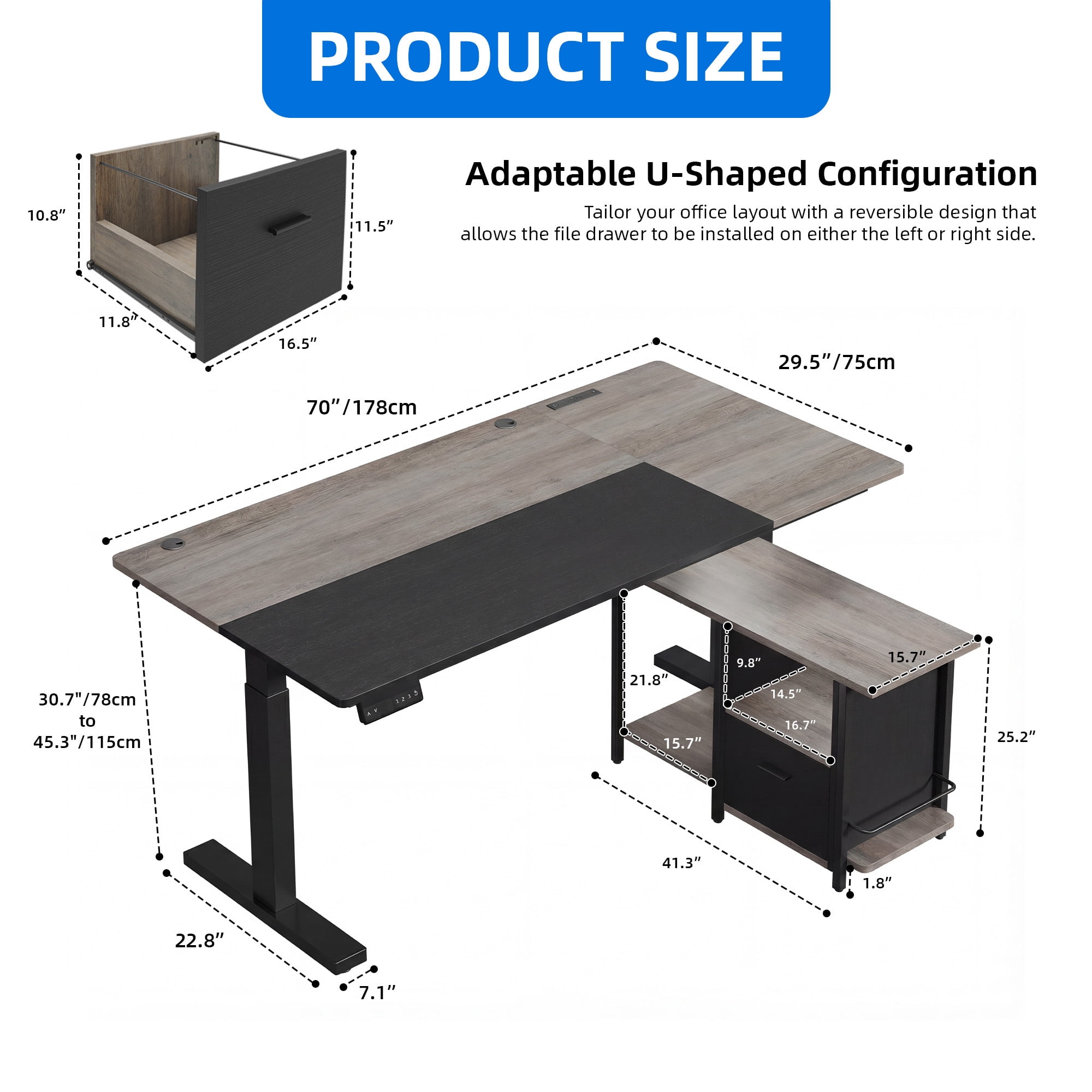 Dextrus 70.1" L Shaped Electric Standing Desk with Power Outlets, Adjustable Height Sit Stand Corner Executive Desk with Drawers & Shelves, Grey + Black