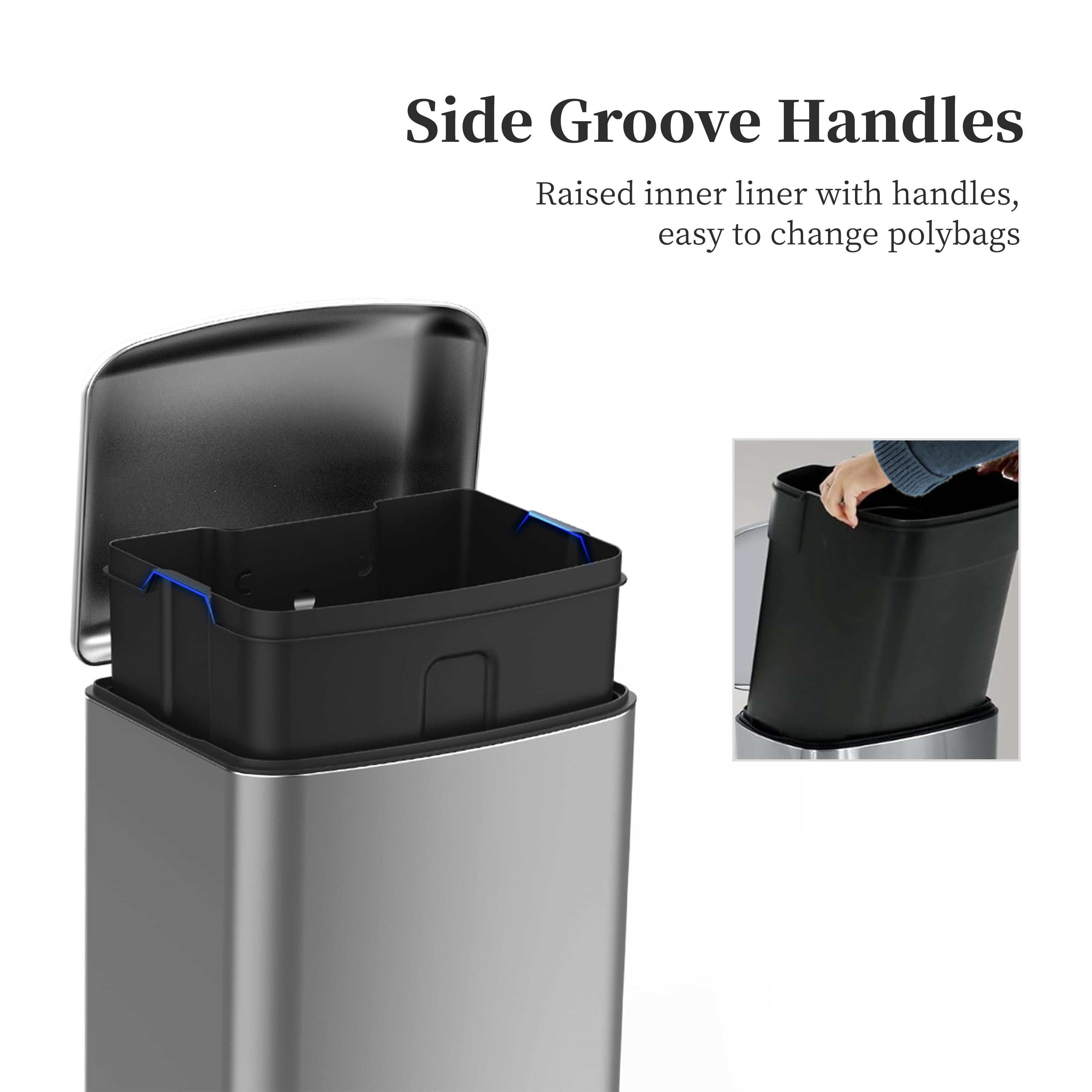 BinMax Stainless Steel Wastebasket 40L Garbage Bin Soft Close Step on Trash Can for Kitchen,Silver