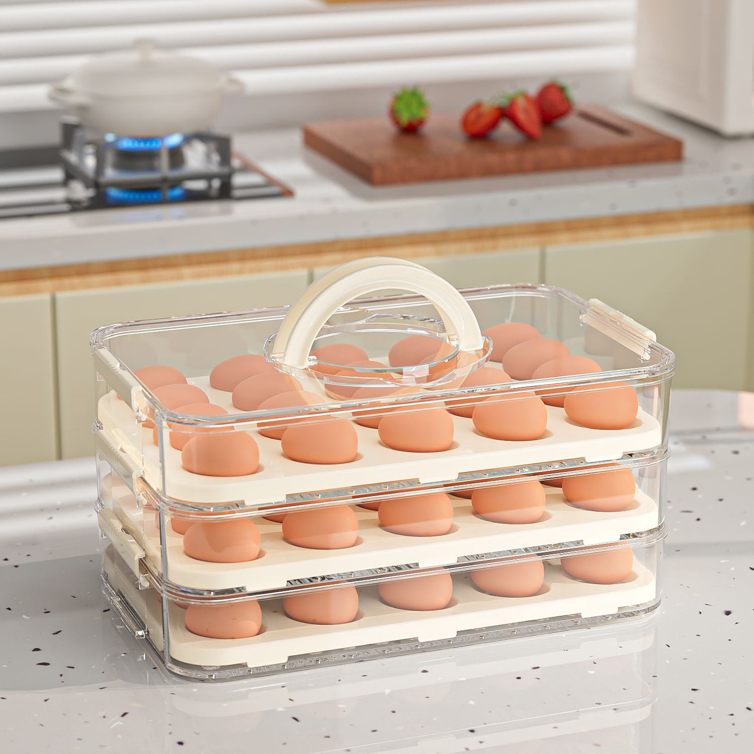 Dustproof Plastic Divided Storage Box for Refrigerator, Kitchen Food Grade Fresh Keeping Container with Handle, Egg Holder Organizer