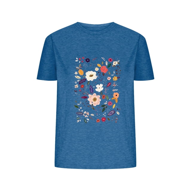 Camisetas de Verano de Mujer Pequeña Flor Impresa Cuello Redondo Manga Corta Superior, Verano Superior de las Mujeres
