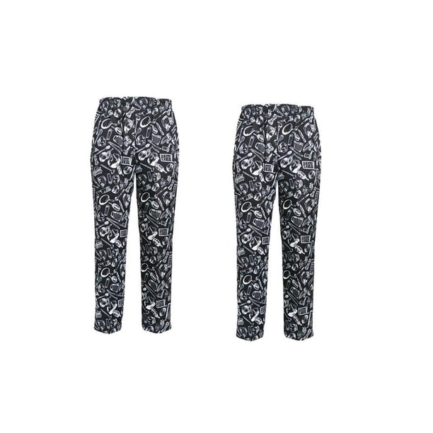 2pcs Pantalones de Chef Cintura Elástica Cierre de Cordón Ajustable Uniforme de Cocinero Panadero Camarero Ropas de Trabajo Unisex Macarena Pantalones de chef unisex