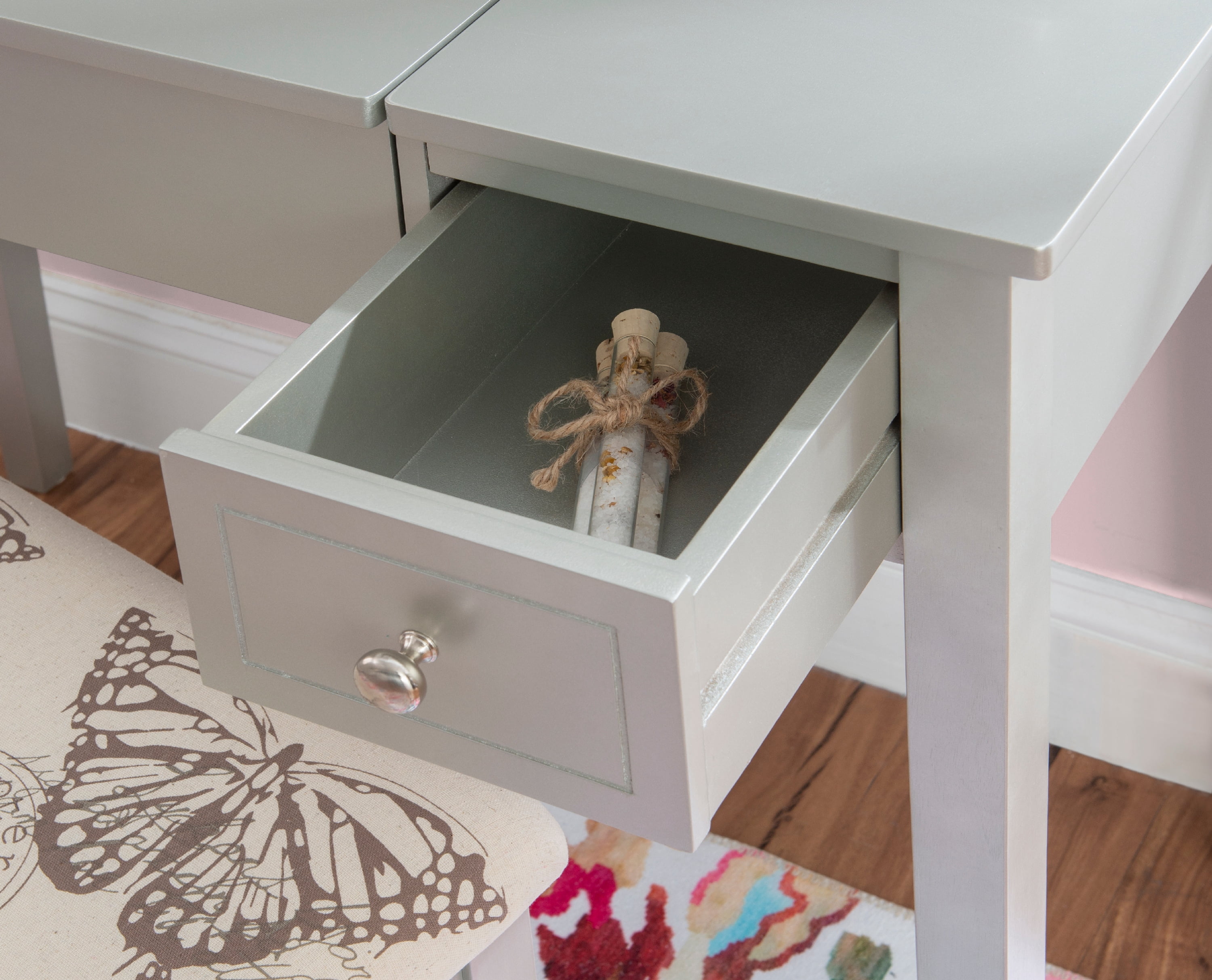 Ramsey Silver Flip-Top Mirror Vanity and Butterfly Upholstered Stool Set