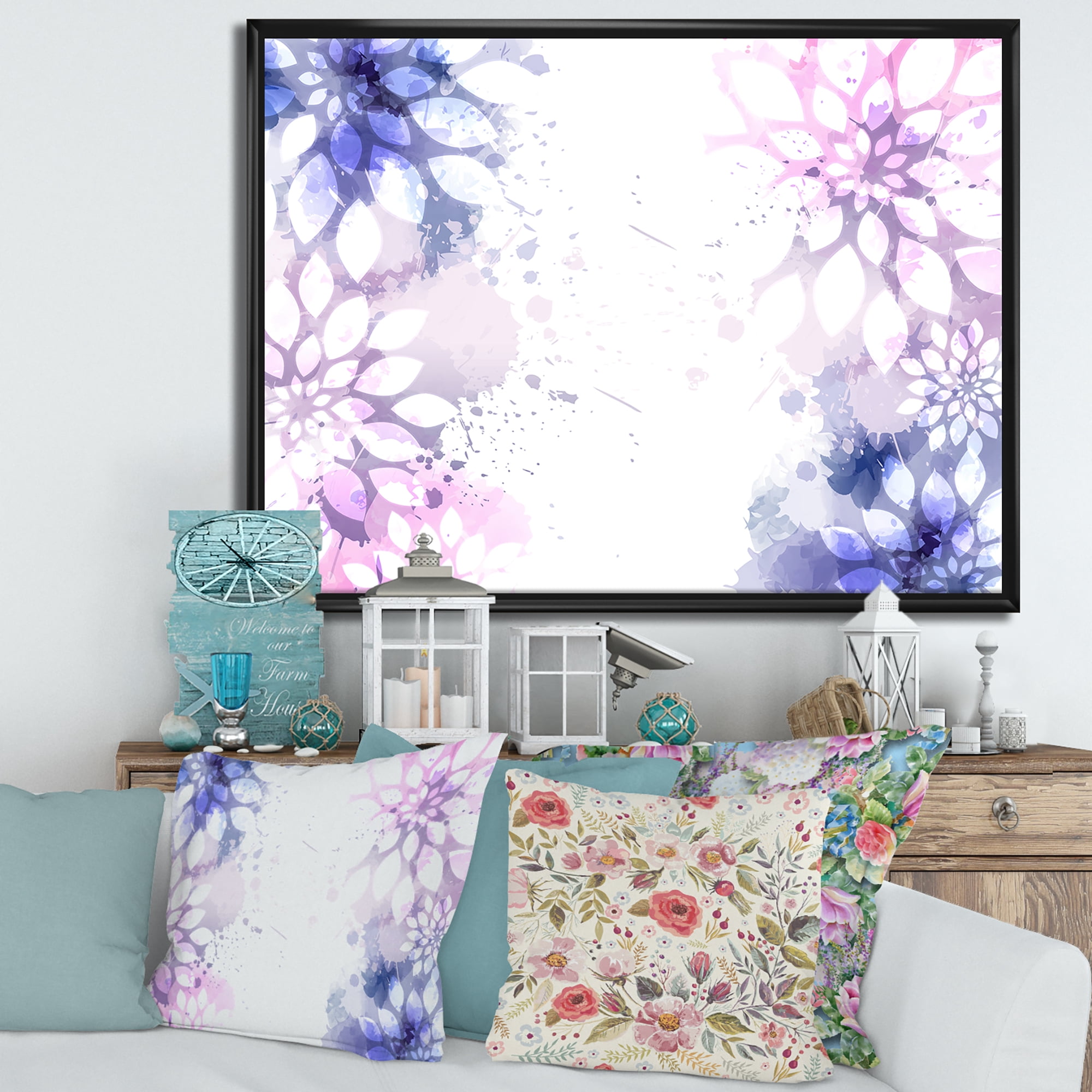 Designart 'Pink and Purple Abstract With Colorful Splashes II' Modern Framed Canvas Wall Art Print